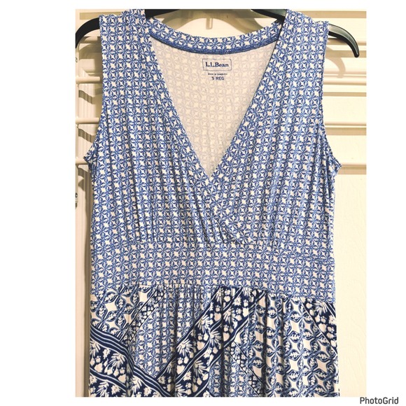 LL Bean Blue & White Mixed Pattern Vneck Sleeveless Sun Dress Small - Picture 2 of 4